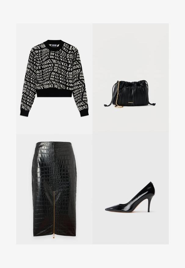 Sort cropped sweater med hvid, svungne tekst "VERSACE JEANS COUTURE." Ribbet halsudskæring og manchetter, strikket tekstur, minimalistisk design.; Sort pencilskørt i faux læder med krokodillestruktur, som har en central guldlynlås og en glat overflade.; Sort højtaljet pumpekappe i laklæder med spids tå, der har en glat tekstur og en slank stiletthæl. Ingen synlige metaldele.; Sort læderhåndtaske med plisseringer, snorelukning, guldkæde som rem og lille horisontalt guldakcent foran.