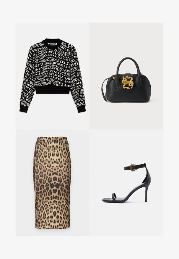 Čierny skrátený sveter s bielym, vírnym nápisom "VERSACE JEANS COUTURE." Hladký golier a manžety, pletená textúra, minimalistický dizajn.; Sukňa s leopardím vzorom, ktorá má priliehavý strih, stredne vysoký pás a hladkú textúru. Vzor sa skladá z rôznych hnedých a čiernych škvŕn.; Čierna vysoká sandála na opätku s tenkým remienkom okolo členku s ozdobnou zlatou prackou a jedným remienkom cez prsty, s textúrovaným koženým povrchom.; Čierna kožená kabelka s textúrou, s dvoma rúčkami a zlatou sponou v tvare hada so zápisom "Just Cavalli".