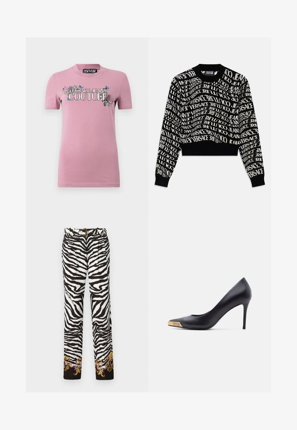 Must mustris, millevalged teksad "VERSACE JEANS COUTURE" keerlevate tähtedega. Ribitud kaelus ja mansetid, kudumise tekstuur, minimalistik disain.; Roosa puuvillane T-särk lühikeste varrukatega ja ümar kaelus. Esipoolne graafika sisaldab lillemotiive ja "VERSACE JEANS COUTURE" julgete tähtedega.; Mustri seelatud püksid musta ja valge zebra mustriga, mille nööbiga kaunistatud lilled asuvad ääres ning kuldse aktsendiga vöö.; Mustast nahast kõrgete kontsadega king, terava varbaga, kullast metallist otsaga, millele on graveeritud "Versace Jeans Couture", nähtav küljelt valgel taustal.