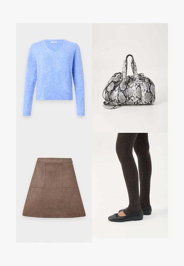Suéter de punto acanalado azul claro con mangas largas y cuello en V, exhibido sobre un fondo liso gris claro.; Falda A-line de ante marrón con una textura suave, que presenta dos bolsillos frontales y una cinturilla sin costuras, diseñada para una longitud por encima de la rodilla.; Piernas con leggings oscuros acanalados combinados con bailarinas negras que presentan pequeños detalles de lazo sobre un fondo blanco.; Bolso de mano con patrón de piel de serpiente en blanco y negro, con dos asas, un cierre de cordón y una correa para el hombro desmontable. Textura suave.