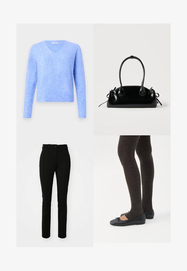 Pull en tricot côtelé bleu clair avec des manches longues et un col en V, présenté sur un fond gris clair uni.; Pantalons en polyester noir avec une coupe slim, devant plat et fermeture à un bouton, dotés de plis avant et sans poches visibles.; Jambes portant des leggings côtelés foncés associés à des ballerines noires avec de petits détails en nœud sur fond blanc.; Petit sac à main noir brillant avec deux longues anses et des détails à cordon sur les côtés sur un fond clair uni.