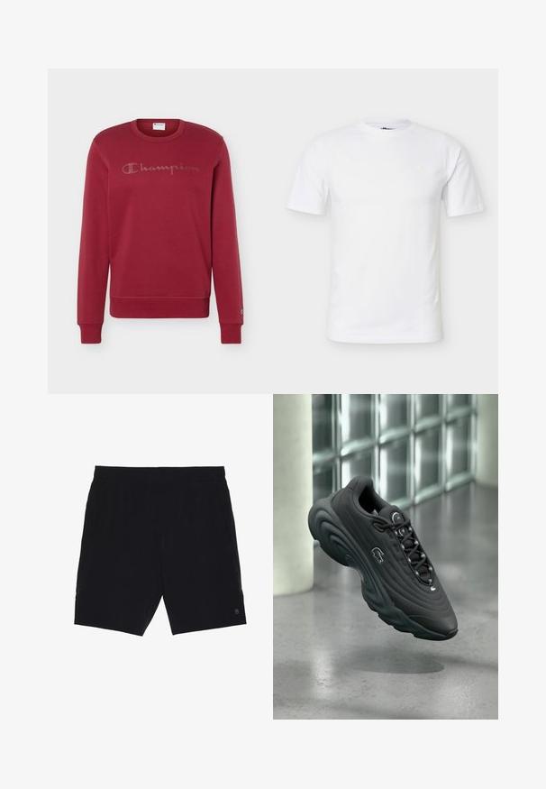 Bordeaux crewneck sweatshirt med lange ærmer og "Champion" logo trykt på brystet samt et lille logo på venstre manchet.; Hvid kortærmet T-shirt med rund hals, enkelt design og diskret logo på øverste venstre bryst.; Sorte shorts lavet af letvægtsstof, med elastisk talje, to sidelommer og et lille logo på nederste højre side.; Sort sneaker med tekstureret overdel, buet sål og reflekterende detaljer. Har en logo på siden og snørelukning.