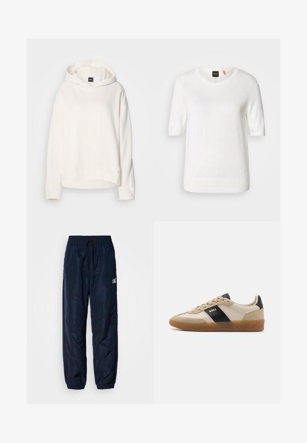 Cremfarbener Hoodie aus weichem Material, mit Kordelzugkapuze, gerippten Bündchen und kleinem Logo auf der Vorderseite. Lässiger Schnitt.; Weißes kurzärmeliges Strickoberteil mit Rundhalsausschnitt, geripptem Saum und weicher Textur. Logostreifen mit orangem Akzent am Kragen.; Marineblaue Windbreaker-Hosen aus glänzendem synthetischem Material, mit elastischem Bund und Zugband, mit Bündchen an den Säumen und Logo-Akzent.; BOSS BRENTA - Sneaker low - medium beige