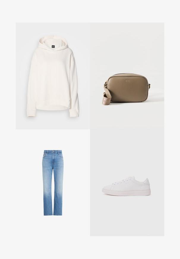 Cremefarvet hoodie lavet af blødt stof, med hætte der kan justeres med snøre, ribbede manchetter og et lille logo på forsiden. Afslappet pasform.; Lyseblå denim jeans med høj talje, lige ben, forlommer, bæltestropper, knap og lynlås.; Hvide sneakers med en glat læderoverdel, rund tå og flad gummisål. Har snørefunktion og et diskret logo på siden.; Taupe rektangulær læder crossbody taske med gyldent BOSS-logo og aftagelig mærket stofrem på hvid baggrund.