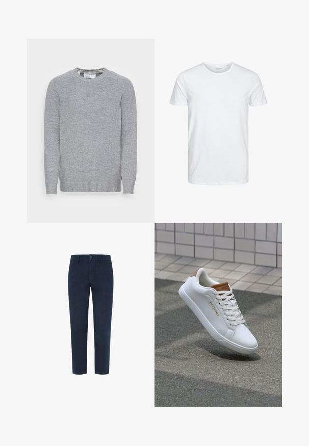Suéter gris de punto con cuello redondo, puños y dobladillo de canalé. Textura suave y un diseño clásico y sencillo con aberturas laterales.; Camiseta de manga corta y cuello redondo en blanco sólido, fabricada en algodón suave, presenta un diseño simple sin patrones ni acentos visibles.; Chinos de algodón azul marino con cierre de botón, patas rectas y una textura suave. Presenta bolsillos laterales y un bolsillo trasero.; Zapatillas deportivas de cuero blanco con una textura suave, acento marrón en el talón, logo dorado en el lateral y suela de goma con agarre texturizado.
