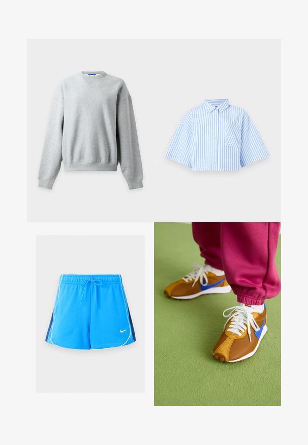 Hellgraues Nike Sweatshirt mit Rundhalsausschnitt, langen Ärmeln und gerippten Bündchen und Saum, flach auf hellem Hintergrund dargestellt.; Kurz geschnittenes Hemd mit hellblauen vertikalen Streifen, weiten Ärmeln, spitzem Kragen und aufgesetzter Tasche mit kleinem Nike-Logo.; Blaue Sportshorts mit weißen Paspelierungen an den Rändern, marineblaue Seitenpaneele, elastischer Bund, Kordelzug und ein kleines weißes Nike-Logo vorne.; Braune und blaue Sneakers aus einer Mischung aus Mesh- und Wildledermaterialien, versehen mit weißen Schnürsenkeln und einer strukturierten braunen Sohle, die auf grünem Boden platziert sind.
