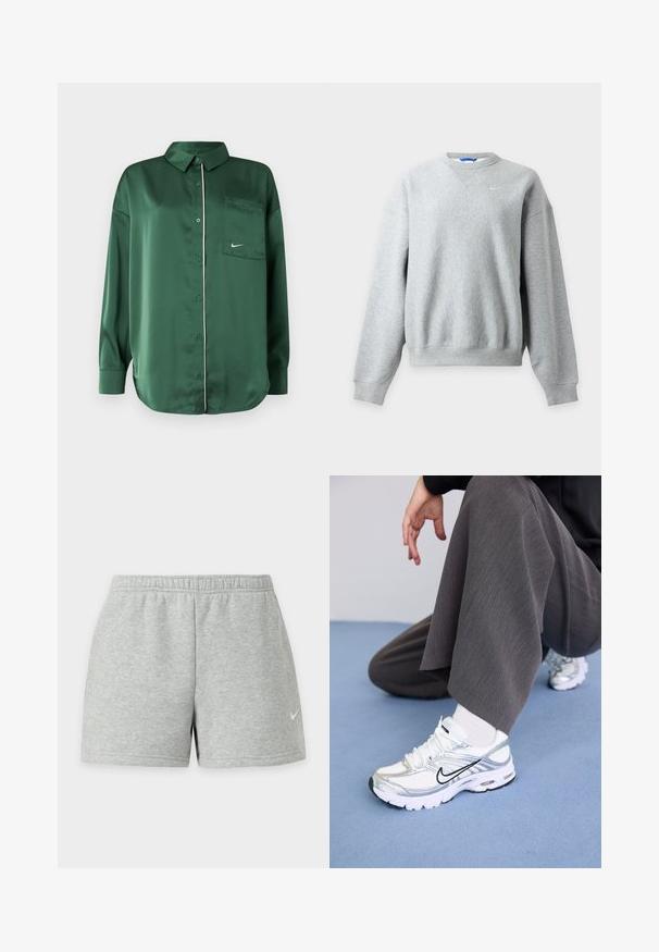 Lysegrå Nike crewneck sweatshirt med lange ærmer og ribstrikkede manchetter og kant, vist fladt på en lys baggrund.; Grøn satinbluse med krave, brystlomme og hvide kantbånd langs knaplisten; har lange ærmer og en buet nederkant.; Lysegrå atletikshorts med elastisk linning og lille hvid Nike-logo på venstre ben mod en ensfarvet baggrund.; Hvide og sølv atletik sko med meshej og syntetiske materialer, der har sorte accentlinjer, snørebånd og strukturerede såler.