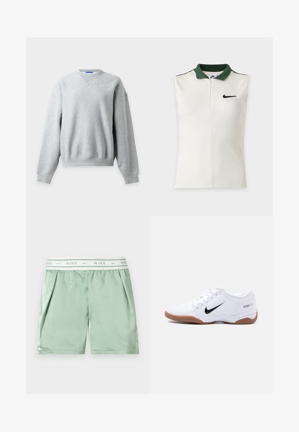 Sweat-shirt Nike gris clair à col rond avec manches longues et poignets et ourlet côtelés, présenté à plat sur un fond clair.; Haut sans manches blanc Nike avec texture côtelée, col vert foncé, demi-fermeture éclair et logo Nike noir sur la poitrine.; Short de sport Nike vert clair avec une ceinture élastique blanche affichant des logos Nike répétés et des poches latérales.; Chaussure de football en salle Nike Total 90 III blanche avec logo swoosh noir et semelle en gomme, vue de profil sur un fond uni.