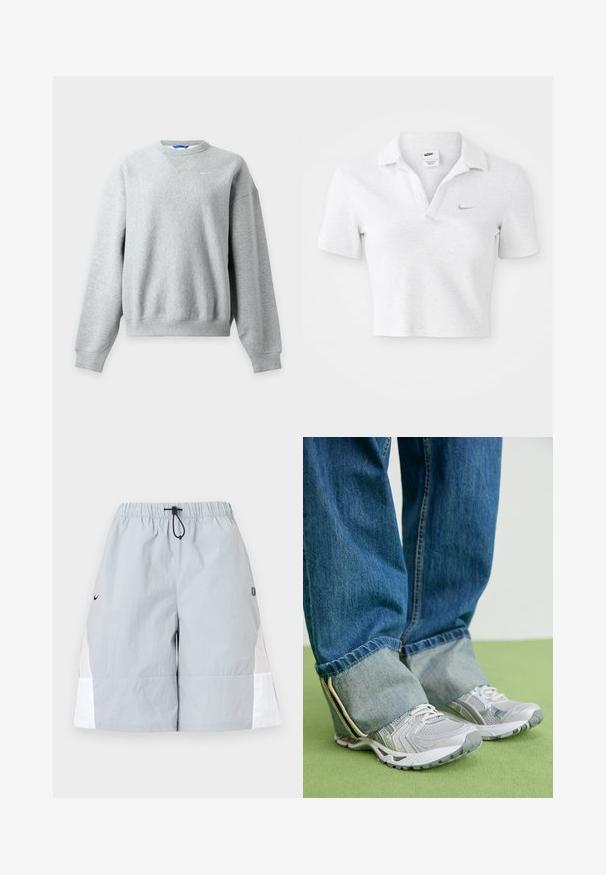 Sudadera Nike gris claro con cuello redondo, mangas largas y puños y bajo acanalados, mostrada plana sobre un fondo claro.; Camiseta polo recortada en gris claro con una textura suave, que presenta un cuello clásico y un pequeño logo de Nike en gris oscuro en el pecho.; Pantalones cortos deportivos de color gris claro con paneles laterales blancos, cinturilla elástica y cordón negro, mostrados sobre un fondo liso.; Zapatillas deportivas grises con material de malla y acentos blancos, combinadas con jeans de denim azul que tienen los tobillos remangados.
