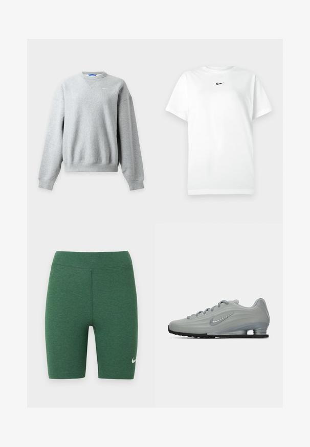 Lysegrå Nike crewneck sweatshirt med lange ærmer og ribstrikkede manchetter og kant, vist fladt på en lys baggrund.; Hvid kortærmet T-shirt med rund hals, prydet med et lille sort Nike swoosh-logo centreret under halsudskæringen.; Grønne atletikshorts lavet af stretchstof. Højtaljet design med flade syninger og en hvid Nike-logo på nederste venstre ben.; Sidelæns udsigt af en lysegrå Nike sneaker med snørebånd, et swoosh-logo og en gennemsigtig sål med komfortabel dæmpning på en ensfarvet baggrund.