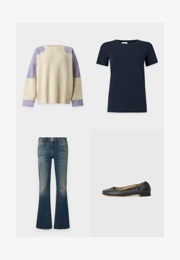 Pull en maille crème avec des patchs en tissu violet sur les épaules et les poignets, posé à plat sur fond blanc.; T-shirt bleu marine uni à manches courtes avec un col rond sur fond gris clair.; Jean en denim bleu avec un effet délavé, taille mi-haute, design à cinq poches et jambes légèrement évasées.; Ballerines en cuir noir avec un bout arrondi et des coutures minimales. Talon bas et rectangulaire avec une texture lisse. Détails subtils de doublure intérieure.