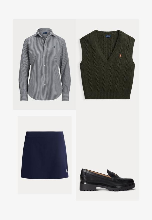 Gilet sans manches en maille torsadée vert foncé avec col en V et petit logo brodé sur la poitrine gauche.; Chemise à boutons rayée présentant des rayures verticales bleu marine et blanches, manches longues, col pointu et un petit logo sur la poitrine.; Skort bleu marine en tissu extensible, avec une large ceinture et un petit logo blanc représentant un cheval sur le bas gauche.; Mocassin en cuir noir avec semelle épaisse à relief, talon bas et bride décorative sur le devant.