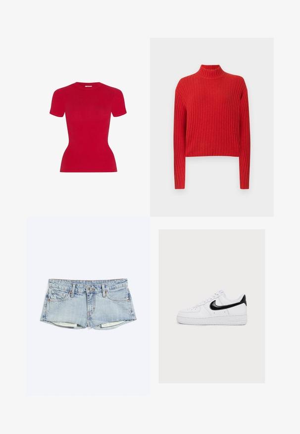 Suéter rojo de canalé con cuello alto, mangas largas y un diseño corto. La textura de la tela parece suave y de punto, con rayas verticales.; Camiseta roja de manga corta con diseño ajustado. Fabricada con material suave, cuenta con cuello redondo y bordes sin costuras.; Pantalones cortos de mezclilla azul claro con dobladillos deshilachados, cierre frontal con botones, bolsillos delanteros y para monedas, colocados planos sobre un fondo blanco.; Zapatilla blanca de caña baja con el logo de Nike negro y pestaña en el talón, cordones blancos y perforaciones en la zona de los dedos.