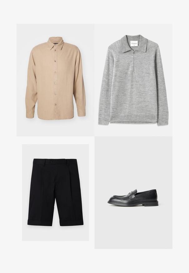 Harmaa vetoketjullinen neulepusero, jossa on kaulus. Valmistettu pehmeästä neuloksesta, jossa on resorit helmoissa ja hihoissa, sekä tasainen pinta.; Beige pitkähihaine paita, jossa on nappikaulus. Valmistettu pehmeästä kankaasta, sisältää etunappilistan ja yksinkertaisia ompelutietoja.; Mustat mittetarkoitetut polvipituudet hameet, joissa on napillinen vyötärönauha, vyölenkit ja käänned helmassa vaalealla yksivärisellä taustalla.; Musta nahkainen loafer-kenkä, jossa on teksturoitu pinta, koristellinen etuhihna ja pyöreä kärki. Kestävä kumipohja.