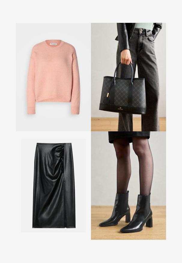 Lys pink, strikket sweater med rund hals, sænket skuldre og ribbede manchetter og kant. Blød tekstur, afslappet design.; Sort læderskirt med en glat overflade, der har en indsamlet sektion på den ene side og en skråning på siden for ekstra detaljer.; Sorte læderankelstøvler med spids tå, kraftig firkantet hæl og slankt design. Har elastiske sidepaneler for nem påtagning.; Sort tote-bag med et subtilt mønster, læderdetaljer, robuste håndtag og et guldlogo i bunden. Båret af en person i grå jeans.