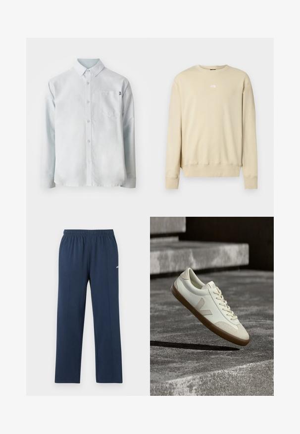 Beige sweatshirt met lange mouwen, geribbelde manchetten en een ronde halslijn. Heeft een klein wit logo op de borst. Zachte textuur.; New Balance OXFORD - Overhemd - blue; Navyblauwe sweatpants met rechte pijpen, een elastische tailleband en subtiele verticale naden, met een klein wit logo op het bovenbeen.; Witte leren sneakers met een bruine rubberen zool, platte veters en een V-vormig accent aan de zijkant. Ze hebben een glad oppervlak en minimale stikdetails.