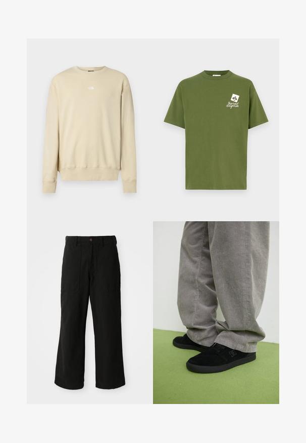 Sudadera beige con mangas largas, puños acanalados y cuello redondo. Presenta un pequeño logo blanco en el pecho. Textura suave.; Camiseta de algodón verde oliva con cuello redondo y mangas cortas. Presenta un gráfico blanco en el pecho izquierdo que dice "the new originals".; Pantalones de pierna ancha en color negro, fabricados en un tejido suave, con bolsillos frontales y cierre de botón en la cintura. Diseño minimalista sin patrones visibles.; Zapatillas de skate de ante negro con un acabado texturizado y un logo, combinadas con pantalones de pana gris con una textura acanalada. Superficie del suelo en verde.