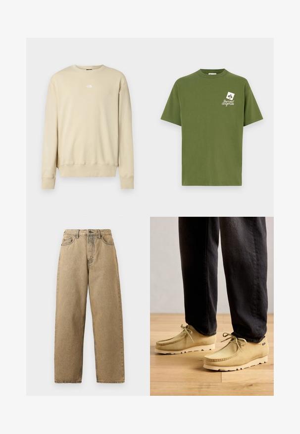 Beige sweatshirt met lange mouwen, geribbelde manchetten en een ronde halslijn. Heeft een klein wit logo op de borst. Zachte textuur.; Olijfgroen katoenen T-shirt met een ronde hals en korte mouwen. Heeft een wit grafisch beeld op de linkerborst met de tekst "the new originals."; Tan denim jeans met een rechte pijpontwerp, voorzien van een rits, riemlussen en contrasterende stiksels. Geen opvallende patronen of hardwaredetails.; Beige suède veterschoenen gedragen met zwarte broek op een houten vloer, wat een casual en comfortabele stijl toont.