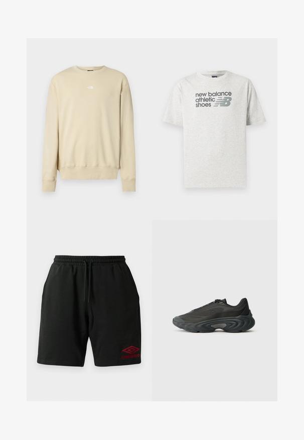 Bežid värvi dressipluus pikkade varrukatega, soonikuga mansettide ja ümar-kaelusega. Rinnal väike valge logo. Pehme tekstuur.; Helehall lühikeste varrukatega T-särk tekstiga "new balance athletic shoes" ja stiliseeritud tumedahall NB-logo rinnal.; Mustas nööriga lühikesed püksid küljetaskutega ja punane Umbro logo tikandiga vasakul alaküljel.; Must kärgepäeva jalanõud, millel on võrgu- ja sünteetilisest materjalist ülemine osa, stiilne disain, paks kõver tall ja tekstuuriga aktsendid külgedel ja varvaste osas.
