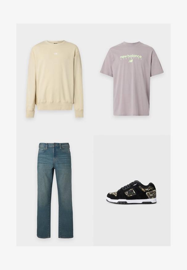 Beige sweatshirt med lange ærmer, ribbet manchetter og rund halsudskæring. Har en lille hvid logo på brystet. Blød tekstur.; Lyse lilla New Balance Athletics T-shirt med rund halsudskæring og korte ærmer, med centreret gulgrønt logo og emblem.; Denimjeans i mellemblå, med lige ben, design med knaplukning, fem lommer og let falmning foran.; Sort ruskinds sneaker med camomønster på siden, hvid mellemsål og sort gummisål. Har snørebånd og logo-detalje på siden.