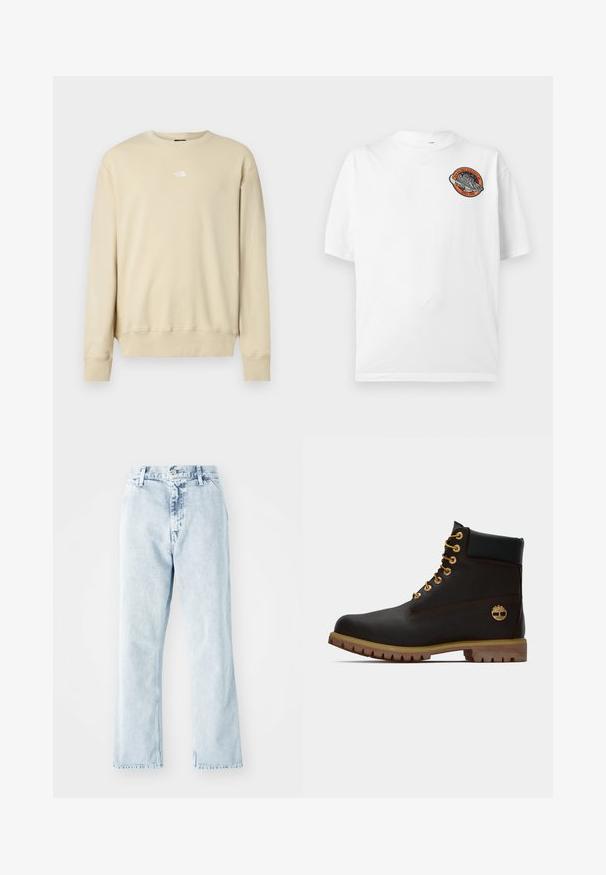 Béžová mikina s dlhými rukávmi, rebrovanými manžetami a okrúhlym výstrihom. Na hrudi má malú bielu logo. Mäkká textúra.; Biele tričko s krátkym rukávom a malou okrúhlou záplatou s vesmírnou tematikou, ktorá zobrazuje raketu a text „High Balance Athletics Since 1908“ na hrudi.; Svetlomodré denim džiny so strihom s rovnými nohavicami, vysokým pásom, piatimi vreckami a zapínaním na gombík. S blednutou textúrou po celom povrchu.; Čierne kožené členkové topánky so zlatými očkami, hnedými akcentmi a gumovou podrážkou. Majú polstrovaný golier a embosované logo na boku.