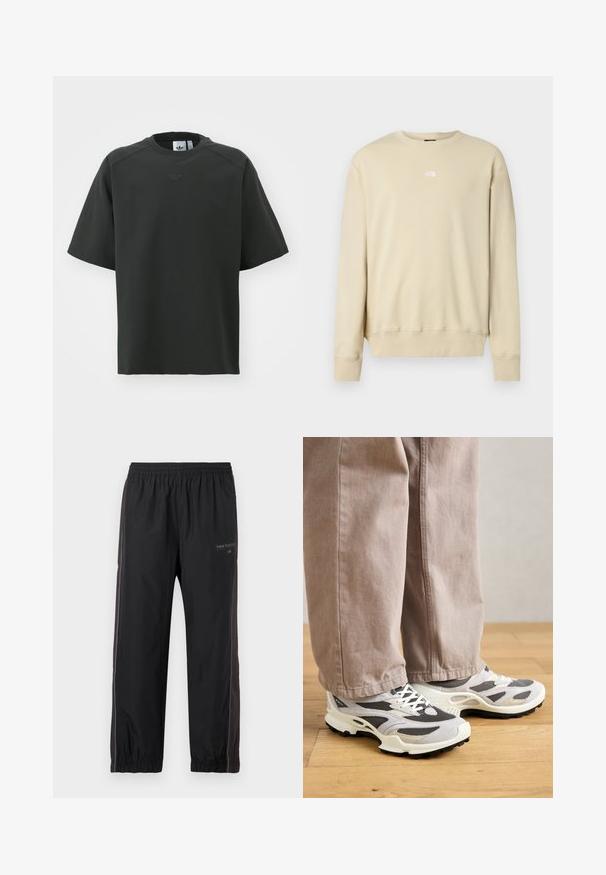 Beige sweatshirt med lange ærmer, ribbet manchetter og rund halsudskæring. Har en lille hvid logo på brystet. Blød tekstur.; Sort kortærmet t-shirt lavet af glat stof. Har en rund halsudskæring, præget logo på brystet og mesh-detaljer på ærmerne.; Sorte atletikbukser med elastisk talje og manchetter, med sidelommer og en lille New Balance-logo på den øverste venstre lår.; En person iført beige bredbukser og grå-hvide sportsko står på et trægulv.