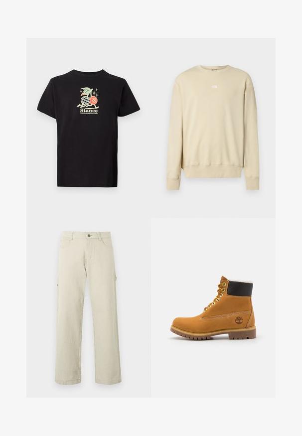 Beige sweatshirt med lange ærmer, ribbet manchetter og rund halsudskæring. Har en lille hvid logo på brystet. Blød tekstur.; Sort bomulds t-shirt med et farverigt grafisk print af en ananas og kirsebær, teksten lyder "Stance Community Run Club." Korte ærmer.; Beige og hvide, lodrette, stribede bukser med lige ben, knaplukning, bæltestropper og sidelommer, vist på en ensfarvet baggrund.; Brune læder ankelstøvle med metaløjer, hvid pelsforing, sort polstret krave, robust sål og præget logo på siden.