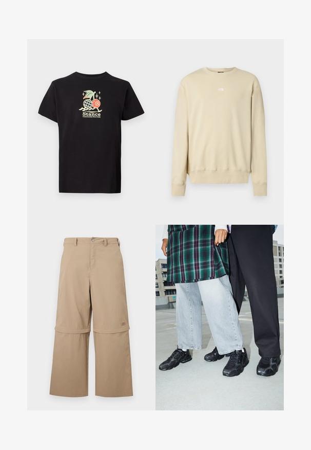 Beige sweatshirt med lange ærmer, ribbet manchetter og rund halsudskæring. Har en lille hvid logo på brystet. Blød tekstur.; Sort bomulds t-shirt med et farverigt grafisk print af en ananas og kirsebær, teksten lyder "Stance Community Run Club." Korte ærmer.; Beige cargobukser med aftagelige ben, bæltestropper, sidelommer og knaplukning, vist på hvid baggrund.; Sorte atletik sko med mesh- og gummidetaljer. Båret med lysegrå vide jeans og en ternet grøn bluse. Flad overflade i baggrunden.