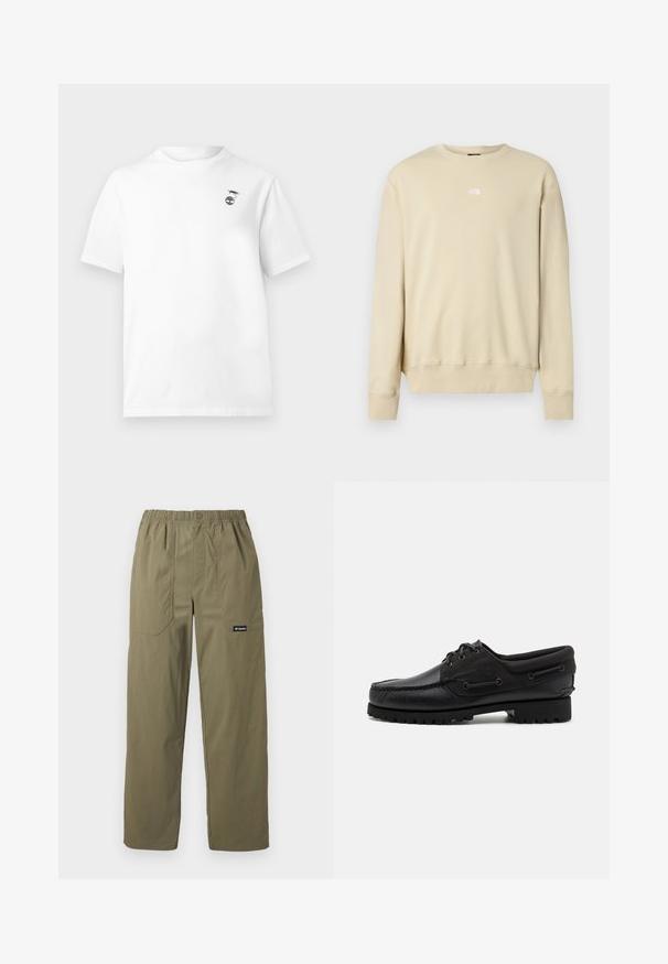 Sweat-shirt beige à manches longues, poignets côtelés et encolure ronde. Présente un petit logo blanc sur la poitrine. Texture douce.; T-shirt blanc à manches courtes avec col rond et petit motif noir d'une crevette au-dessus d'une plante sur le côté gauche de la poitrine.; Pantalon droit couleur vert olive avec taille élastique, poches plaquées avant, fermeture par bouton, et logo Columbia sur la poche droite.; Chaussure noire avec un dessus en cuir, des accents textiles, des lacets ronds et une semelle en caoutchouc texturé. Présente des coutures mocassins et des détails de marque.