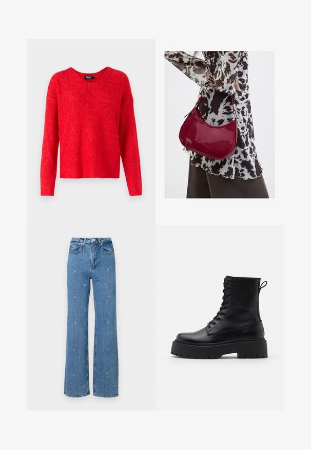 ONLY ONLCAMILLA V-NECK L/S PULLOVER KNT NOOS - Svetrík - true red; Modré vysoké pásové rovné džínsy s malou bielou kvetinovou výšivkou roztrúsenou po látke.; Čierne kožené členkové topánky s okrúhlou špičkou, šnurovaním vpredu a hrubou gumovou podrážkou s textúrovaným vzorom. Sťahovací pútko na zadnej strane.; Žena v čierno-bielom vzorovanom blúzke drží lesklú červenú kabelku cez rameno na jednofarebnom pozadí.