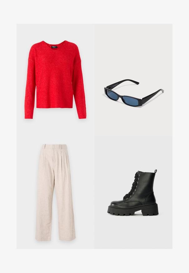 ONLY Pullover - true red; Pantalon en lin beige clair à coupe ample, avec des plis devant et une jambe droite. Style minimaliste et tissu texturé.; Bottine en cuir noir avec semelle épaisse, bout rond et talon surélevé. Présente des lacets noirs et des œillets en métal pour un maintien sécurisé.; Lunettes de soleil noires avec une monture rectangulaire élégante et des verres bleus. Présente une texture lisse et des branches robustes. Logo de la marque sur le côté.
