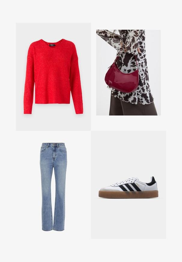 ONLY Striktrøje - true red; Lysblå denimjeans med høj talje, lige ben-design, fem lommer, synlige syninger og en let falmet tekstur.; Hvide lædersneakers med sorte striber, gummirubber sål, rund tå, snørelukning og blød grå ruskinds tåhætte.; Kvinde iført en sort- og hvidmønstret bluse, der holder en blank rød skuldertaske mod en ensfarvet baggrund.