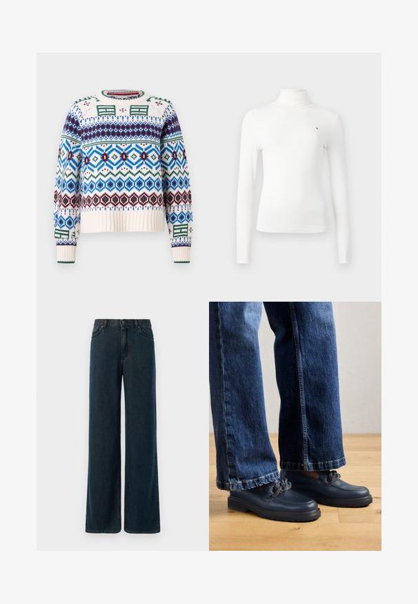gebreide trui met een crèmekleurige basis en multikleurige geometrische patronen in blauw, groen, bordeaux en zwart. Ribgebreide manchetten en onderzoom.; Witte langetermijn turtleneck top gemaakt van ribbelstof, voorzien van een klein logo detail en een slim fit ontwerp.; Wijde, donkerblauwe spijkerbroek met een hoge taille, vijf pockets en subtiele stikdetails. De stof heeft een gladde textuur.; Marineblauwe leren schoenen met een dikke zool en kettingdetails op de bovenkant, gecombineerd met loszittende donkerblauwe spijkerbroeken.