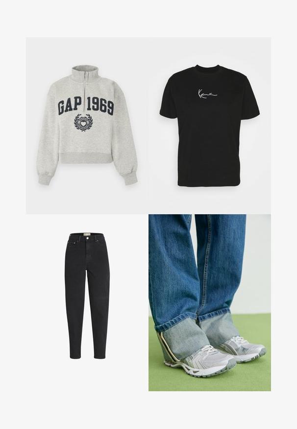 Hellgraues Sweatshirt mit Viertel-Reißverschluss, auf der Vorderseite in der Mitte mit "GAP 1969" in dunkelblauen Buchstaben und einem Herzemblem unter dem Text.; Schwarzes Baumwoll-T-Shirt mit kurzen Ärmeln, ausgestattet mit einem weißen Signatur-Graphic auf der Brust und einem klassischen Rundhalsausschnitt.; Schwarze Jeans mit hohem Bund, schmal zulaufendem Bein, vorderem Knopf- und Reißverschluss, Vorder- und Gesäßtaschen sowie Metallnieten-Details.; Graue Turnschuhe aus Mesh-Material mit weißen Akzenten, kombiniert mit blauen Jeans, die an den Knöcheln umgeschlagen sind.