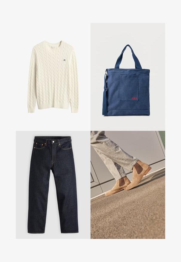 Cremefarvet kabelstrikket sweater med ribbet rund halsudskæring og kant. Lille logo broderet i blåt på brystet. Blødt, tekstureret stof.; Mørkeblå denimjeans med lige pasform, fem lommer, kontrasterende orange syning og knaplukning. Ingen synlige mønstre eller udsmykninger.; Brune ruskind Chelsea støvler med elastiske sidepaneler og en glat tan gummisål, parret med lyse grå bukser på en tekstureret overflade.; Blå lærredstote taske med frontlomme og rød "O.N.S" broderi, med to håndtag og en justerbar skulderrem.