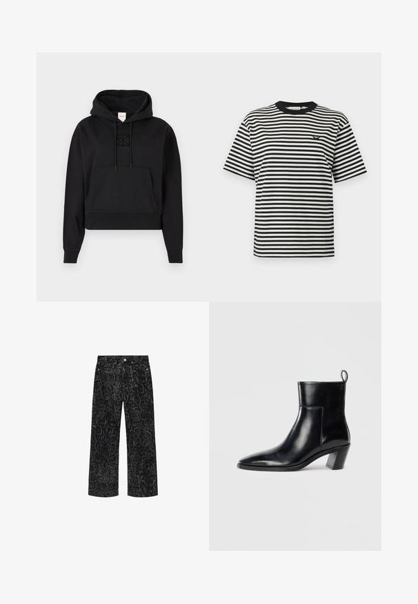 Μαύρο cropped hoodie φτιαγμένο από μαλακό ύφασμα, διαθέτει μπροστινή τσέπη καγκουρό, κουκούλα με κορδόνι, και μια διακριτική κεντητή λογότυπο στο στήθος.; Μαύρο και άσπρο κοντομάνικο t-shirt με οριζόντιες ρίγες, με μικρό μαύρο λογότυπο στο αριστερό στήθος και μαύρο γιακά.; Μαύρο τζιν με φαρδύ πόδι και σκούρο γκρι λεοπάρ μοτίβο, μπροστινές τσέπες και κλείσιμο με κουμπί και φερμουάρ.; Μαύρη δερμάτινη μπότα με καμπυλωτή μύτη, γεωμετρικό σωρό μέτρου και θηλίτσα στο πίσω μέρος. Λείο υλικό και κομψός σχεδιασμός.