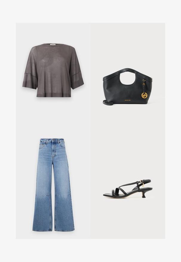 Locker sitzendes, kurzärmliges, halbtransparentes graues Stricktop mit gerippten Bündchen und Saum, rundem Ausschnitt und dezentem V-förmigem Nahtdetail.; Helle blaue weit geschnittene Jeans mit high waist, ausgestattet mit frontalen Taschen und Nahtdetails, die vertikal entlang der Beine verlaufen.; Schwarze Ledersandale mit niedrigem Kittenabsatz, Knöchelschnalle und kleinem goldfarbenem Anhänger vor einfachem hellem Hintergrund.; Schwarze Lederhandtasche von Michael Kors mit rundem Griffausschnitt, goldfarbenem Logoanhänger und abnehmbarem Schulterriemen vor weißem Hintergrund.
