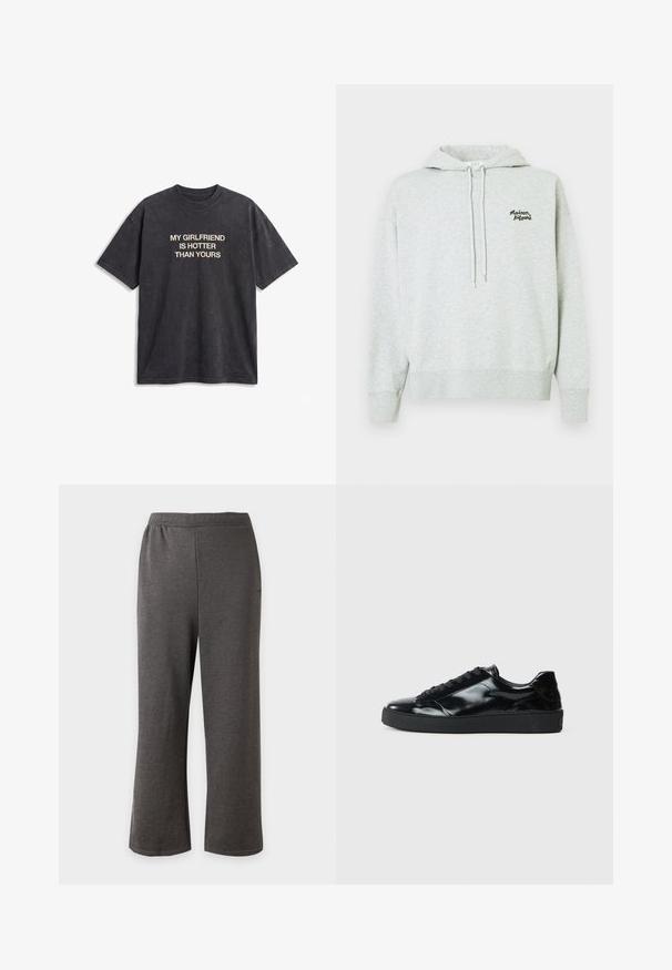 Light grey hooded sweatshirt made of soft fabric, featuring a kangaroo pocket and an embroidered logo on the left chest. Drawstring with metal tips.; Black short-sleeve T-shirt with beige text "MY GIRLFRIEND IS HOTTER THAN YOURS" centered on the front against a white background.; Straight-cut dark gray pants with an elastic waistband, made from soft, stretchy fabric, displayed against a plain light background.; Black patent leather sneakers with a rounded toe, lace-up design, textured rubber sole, and a smooth finish.