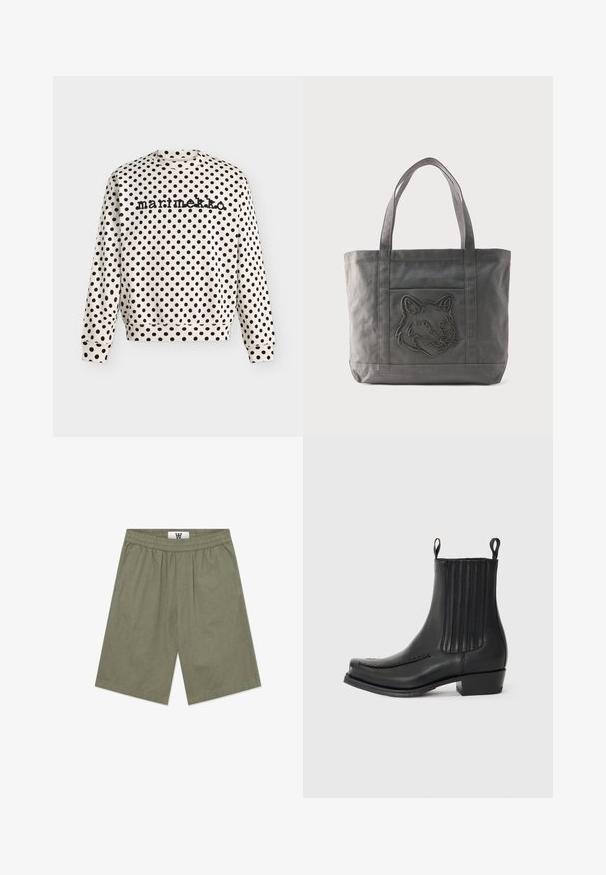 Chemise blanche à manches longues avec des pois noirs et le texte "marimekko" imprimé en noir sur la poitrine.; Shorts vert olive en tissu léger. Dotés d'une taille élastique et d'une coupe ample, avec une texture lisse et sans poches visibles.; Bottines en cuir noir avec une finition lisse, détails de panneau latéral élastique, couture subtile sur le bout et un talon carré.; Sac fourre-tout en toile grise avec deux anses et une poche avant ornée d'un motif de tête de loup cousu.