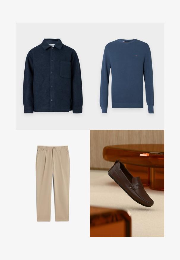 Pull en maille bleue à manches longues pour homme, avec un col rond et un petit logo sur la poitrine gauche.; Veste en laine bleu marine à boutons, à manches longues, avec un col pointu et une grande poche poitrine sur le côté gauche.; Pantalon beige à jambes droites avec passants de ceinture, fermeture avant par bouton et zip, poches latérales et détail plissé près de la taille.; Mocassins en cuir marron flottant au-dessus d'un tapis beige avec un mobilier moderne en verre teinté ambre en arrière-plan.