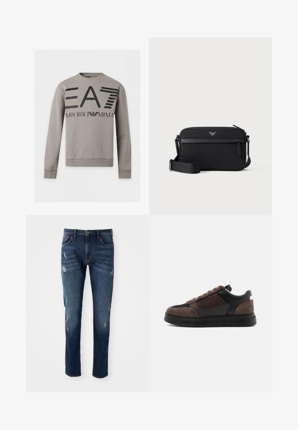 Helehall hall pikkade varrukatega dressipluus musta EA7 Emporio Armani logoga ning õlgadel tekstiga, soonikkoes mansettide ja vöökohaga.; Tumed sinised teksad kitsas lõikega, kerge kulumine reitel ja põlvili, klassikaline viie tasku disain ja nupuga kinnitus.; Pruunide ja mustade madalate tennistega, millel on seemisnahast ja võrgust detailid, must tald ja Emporio Armani logo külgedel.; Must ristkülikukujuline õlakott, esiosal luku tasku, reguleeritav rihm ja väike metallist logo ülaservas keskel.