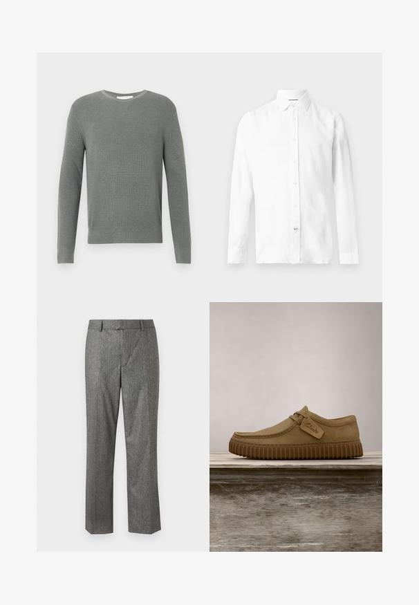 Pull en maille gris avec un col rond, des manches longues et un motif texturé ; il possède un ourlet et des poignets côtelés, fabriqué à partir d'un tissu doux.; Chemise blanche à manches longues avec col et boutons, présentée à plat sur un fond clair.; Pantalons ajustés gris en tissu texturé, design à jambes droites, avec poches avant et taille plate. Pas de fermetures visibles.; Chaussures en daim brun clair avec un bout arrondi, des détails cousus et une semelle en caoutchouc brun striée. Présente une étiquette latérale avec le logo "Clarks".