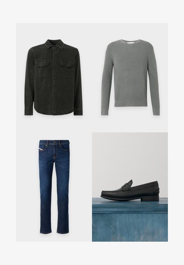 Pull en maille gris avec un col rond, des manches longues et un motif texturé ; il possède un ourlet et des poignets côtelés, fabriqué à partir d'un tissu doux.; Chemise boutonnée vert foncé en tissu doux, avec un col, deux poches poitrine, des manches longues et un ourlet droit.; Jean en denim bleu foncé avec une coupe droite, présentant des coutures orange et une petite étiquette de marque sur la poche arrière.; Mocassins en cuir noir avec un bout arrondi, des coutures détaillées et un petit talon carré. Texture lisse et design minimaliste.