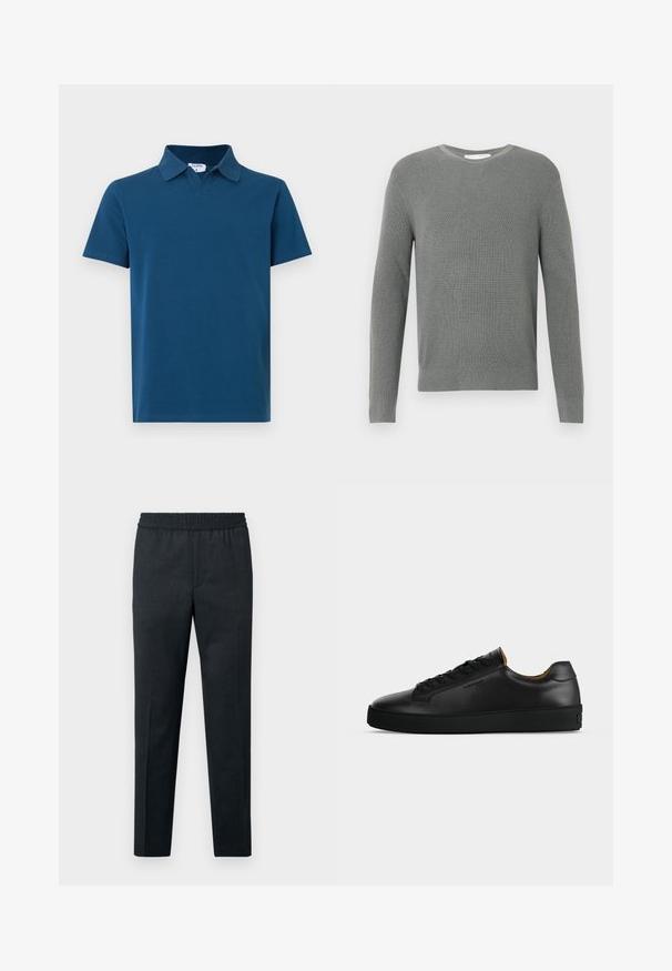 Suéter gris de punto con cuello redondo, mangas largas y un patrón texturizado; presenta un dobladillo y puños acanalados, elaborado con una tela suave.; Camiseta tipo polo de manga corta en algodón azul oscuro sólido con un cuello clásico y sin patrones o adornos visibles.; Pantalones gris oscuro con cintura elástica, diseño de pierna recta, textura suave y sin bolsillos ni patrones visibles.; Zapatilla negra de piel de corte bajo con cordones negros, suela de goma texturizada y pequeño logo en relieve en el lateral, mostrada de perfil sobre fondo gris.