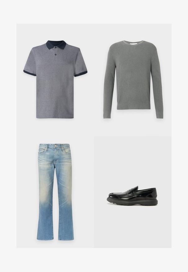 Pull en maille gris avec un col rond, des manches longues et un motif texturé ; il possède un ourlet et des poignets côtelés, fabriqué à partir d'un tissu doux.; Polo gris à manches courtes avec col et bords de manches bleu marine foncé, doté de deux boutons et d’un petit logo sur la poitrine sur un fond uni.; Jean évasé en denim bleu clair avec une finition délavée, design à cinq poches, fermeture par bouton en métal et ourlets droits.; Mocassin en cuir noir avec une finition brillante, bout arrondi, détails de couture subtils et semelle en caoutchouc épaisse pour la durabilité.