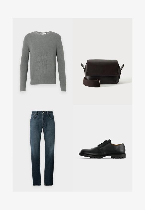 Grå strikket trøje med rund hals, lange ærmer og tekstureret mønster; har en ribkant i bunden og ved ærmerne, lavet af blød stof.; Mørke denimjeans med lige pasform, klassisk fem-lomme-design, kontrasterende syninger og en subtil slidt effekt på lårene.; Sort lædersko med snørebånd, tyk rillede sål og lav hæl vist på en hvid baggrund.; Mørkebrun lædertaske med flaplukning og justerbar stofrem på hvid baggrund.