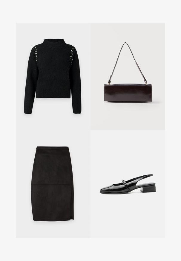 Suéter negro de material suave, con cuello alto y mangas largas. Detalles destacados incluyen tachuelas decorativas plateadas en los hombros.; Falda lápiz de ante negro con corte recto, ligera abertura lateral y textura suave. Cintura sencilla y líneas de diseño limpias.; Zapato slingback de charol negro con tacón bajo y grueso y una fina correa con hebilla de plata en la parte superior.; Bolso rectangular de cuero negro con una sola correa larga y acabado brillante, exhibido sobre un fondo blanco liso.
