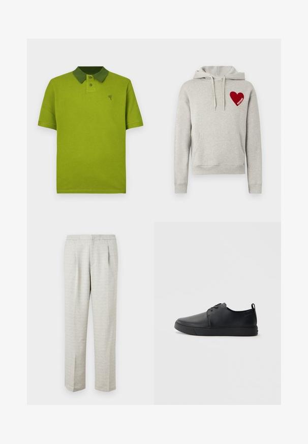 Sweat à capuche gris en tissu doux, avec une poche kangourou, une capuche à cordon de serrage, et un patch cœur rouge portant le mot "FUTURE" en blanc.; Polo vert texturé avec un col d'un vert plus foncé contrastant, une patte de boutonnage à deux boutons et un petit logo sur la poitrine.; Pantalons gris clair en tissu texturé, avec une coupe droite, un devant plissé et une taille standard. Pas de poches ni d'accents visibles.; Baskets en cuir noir avec une finition lisse, bout arrondi, coutures ton sur ton, devant à lacets et semelle plate en caoutchouc. Anse au talon.