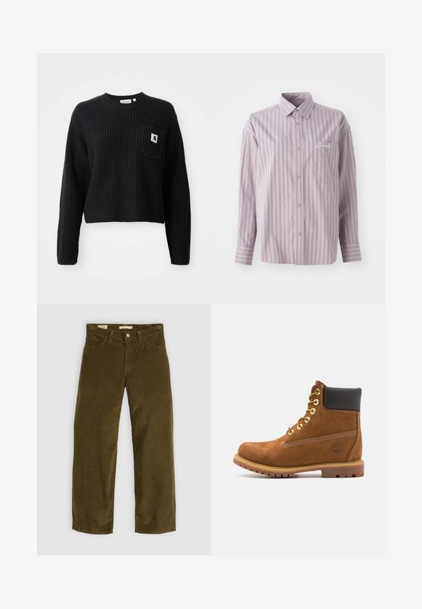 Sort ribbenstrikket sweater med rund hals, lange ærmer og en frontlomme med et lille logo patch. Forkortet længde.; Knapp-up skjorte i lavendel med vertikale striber i mørkegrå. Har en lille brystlomme og et broderet logo på venstre side.; Oliven grøn corduroy bukser med lige ben design, der har forlommer og knaplukning, med en vertikal ribbet tekstur.; Brun ruskinds ankelstøvle med sort polstret krave, gyldne øjer, snørebånd foran og gummisål med et struktureret mønster.