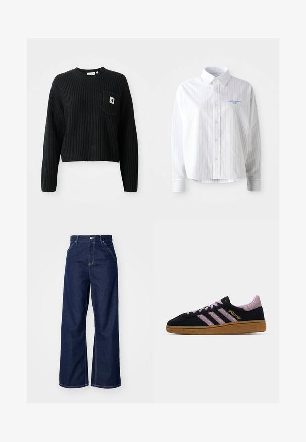 Sort ribbenstrikket sweater med rund hals, lange ærmer og en frontlomme med et lille logo patch. Forkortet længde.; Hvid skjorte med lyseblå lodrette striber, en spids krave og et lille blåt logo på venstre bryst. Forarbejdet i bomuldsstof, afslappet pasform.; Bredde ben jeans i mørkeblå denim, med høj talje, kontrasterende hvid syning og traditionelt fem-lomme design.; Sort og pink ruskinds-sneakers med gummisål, tre pink striber, gyldent "SPEZIAL" branding og tekstureret gummisål. Lavt design.